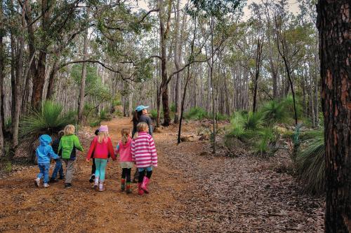 Children enjoying an educational guided walk through a forest.